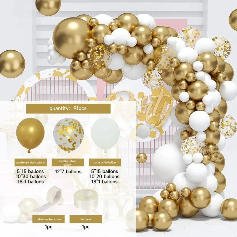 91pcs White Gold Balloon Garland Arch Kit Wedding Birthday Party Decoration Kids Birthday Ballon Baby Shower Confetti Baloon